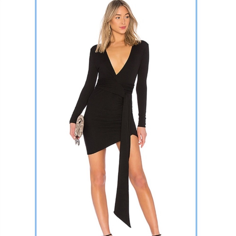 Chrissy Teigen X Revolve Black Plunge V Neck Long Sleeve Mini Dress Size Small.